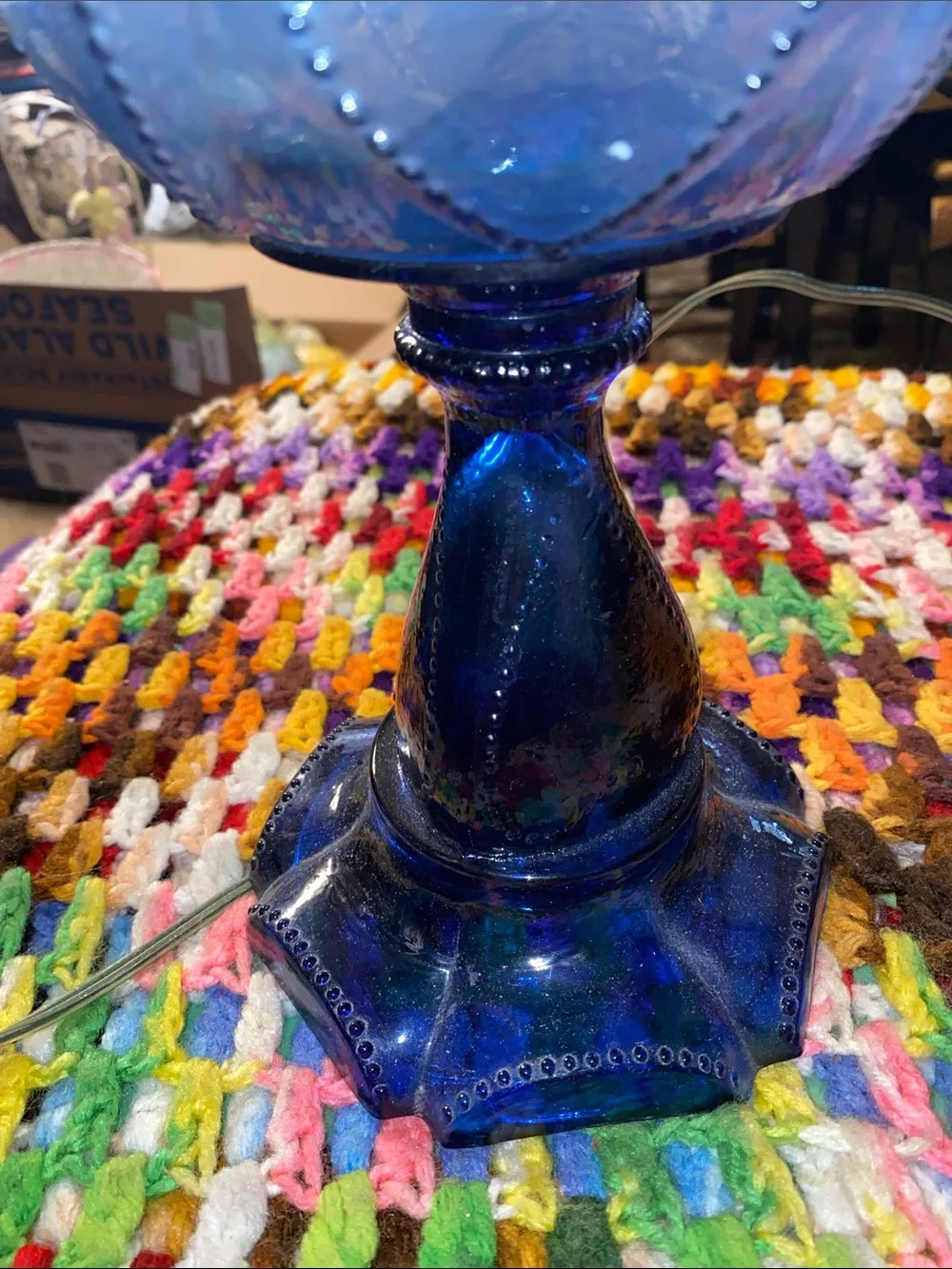 Vintage Findlay Queen Of Hearts Blue Glass Electric Oil Lamp clear Glass Chimney